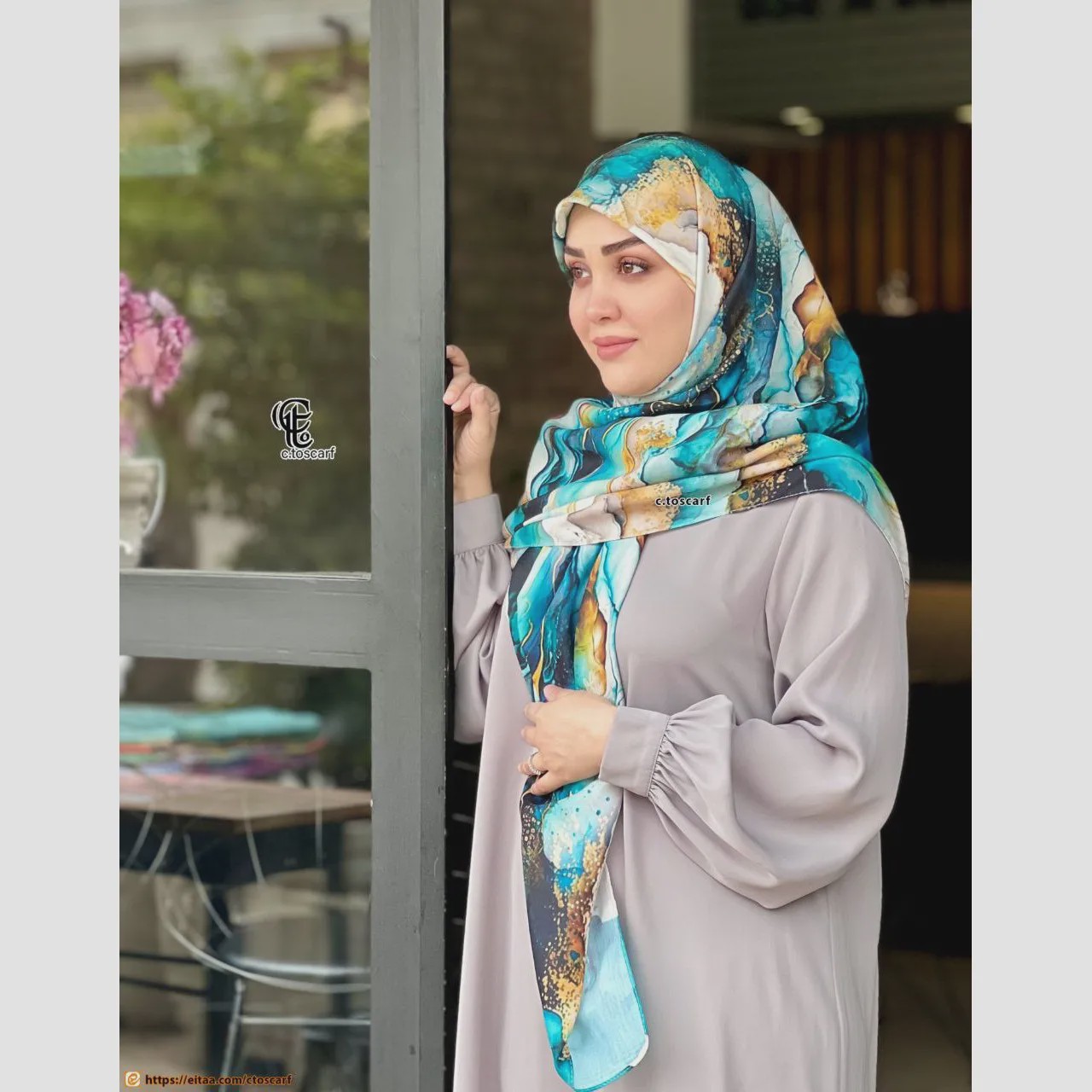 روسری نخی طرح لارا سایز 140 سبزآبی
