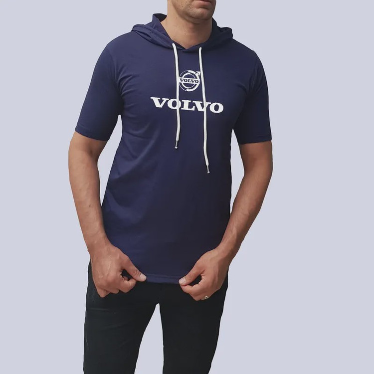 تیشرت کلاه دار مردانه طرح ولوو سورمه ای نخی اعلا سایز L XL 2XL
