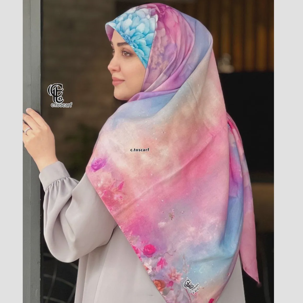 روسری نخ کاستوم طرح درنا سایز 140 صورتی چرخ دوز سیتو