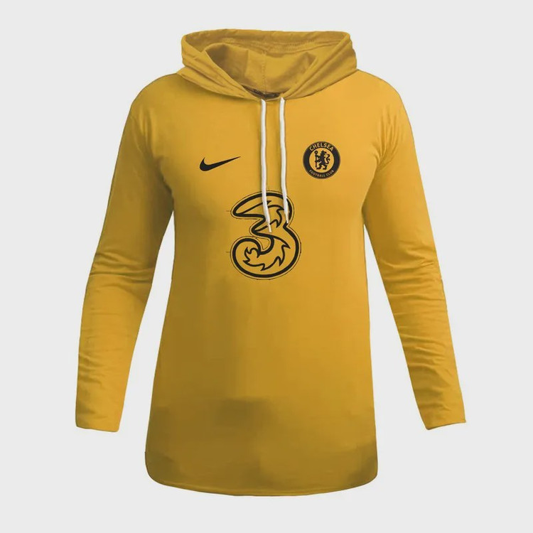 تیشرت آستین بلند کلاه دار طرح چلسی نخی اعلا در سه رنگ مشکی، سفید، زرد سایز L,XL,2XL