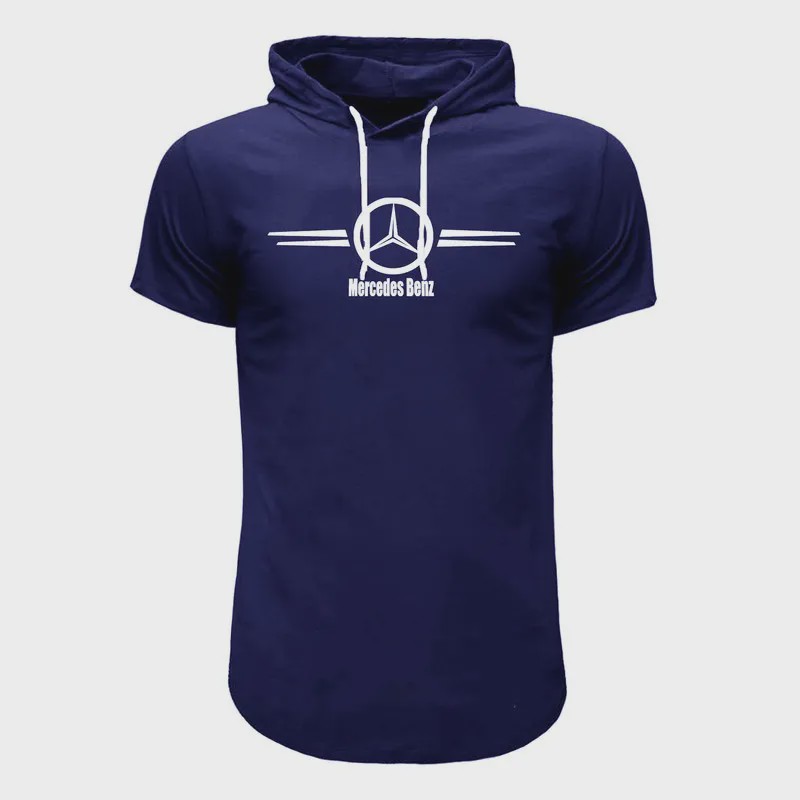 تیشرت کلاه دار مردانه سورمه ای طرح بنز آستین کوتاه نخی سایز L XL 2XL