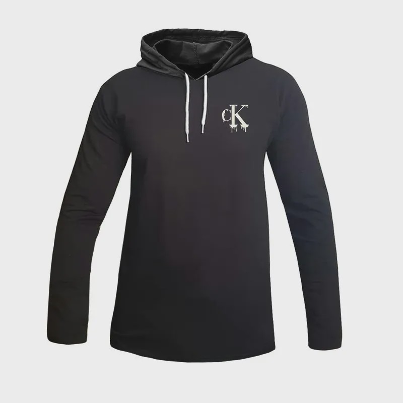 تیشرت آستین بلند مردانه طرح CK مدل S4647 کلاه دار نخی اعلا مشکی سایز L XL 2XL