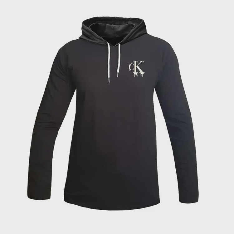 تیشرت آستین بلند مردانه طرح CK مدل S4647 کلاه دار نخی اعلا مشکی سایز L XL 2XL