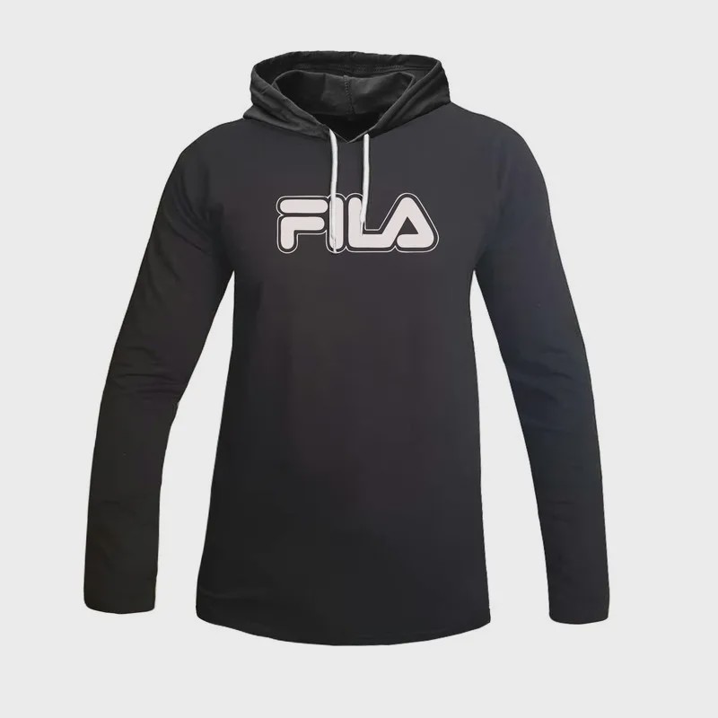 تیشرت کلاه دار مردانه طرح Fila مدل 47887 آستین بلند نخی اعلا مناسب چهارفصل مشکی سفید