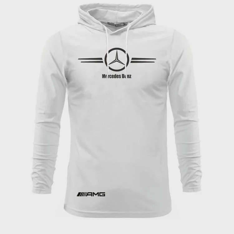 تیشرت آستین بلند مردانه طرح Benz مدلd5678 کلاه دار نخی اعلا سه رنگ مشکی زرد سفید سایزبندی L XL 2XL