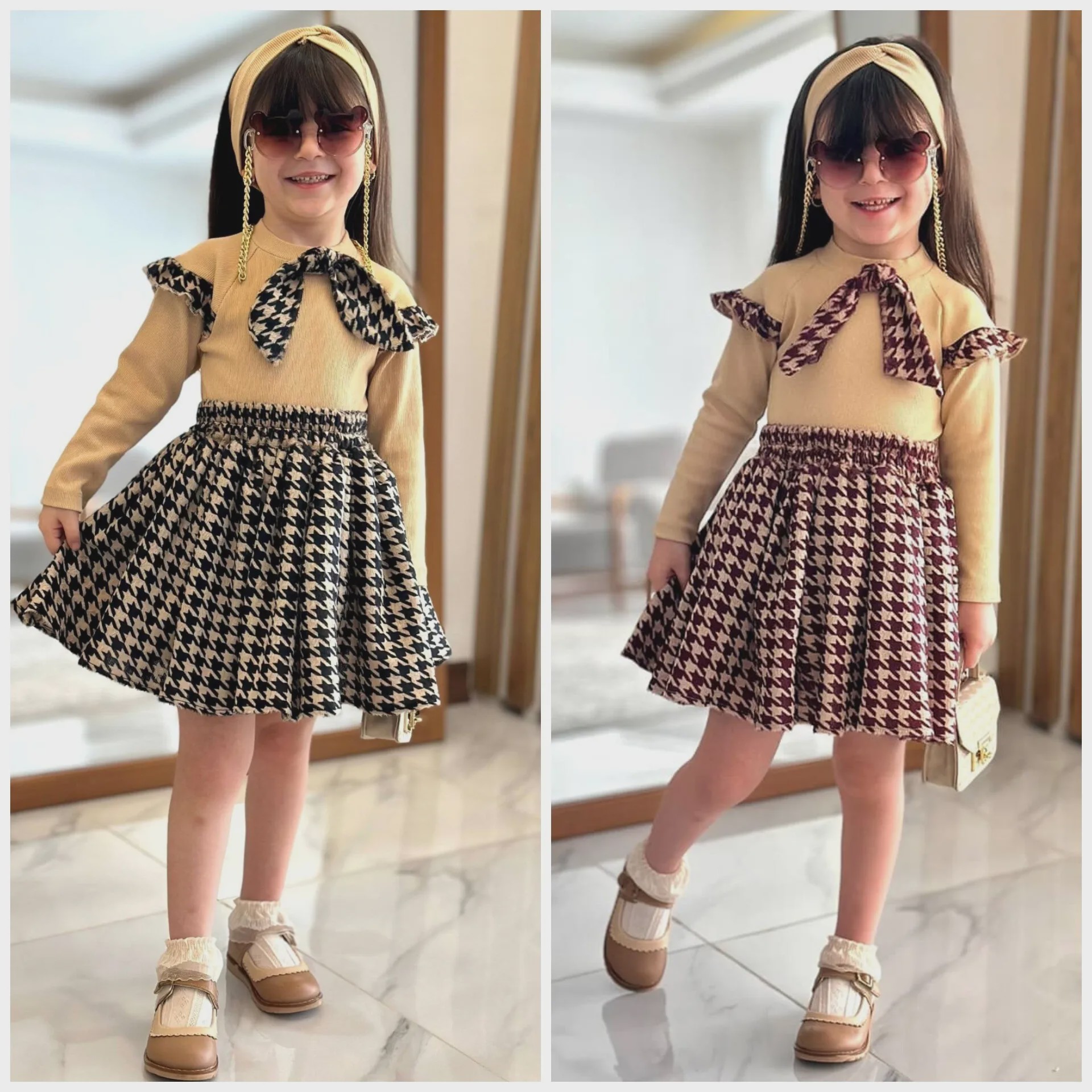 ست بلوز دامن دخترانه عیدانه 2 تا 13 سال پارچه پنبه و مخمل آنجل دوخت مزونی