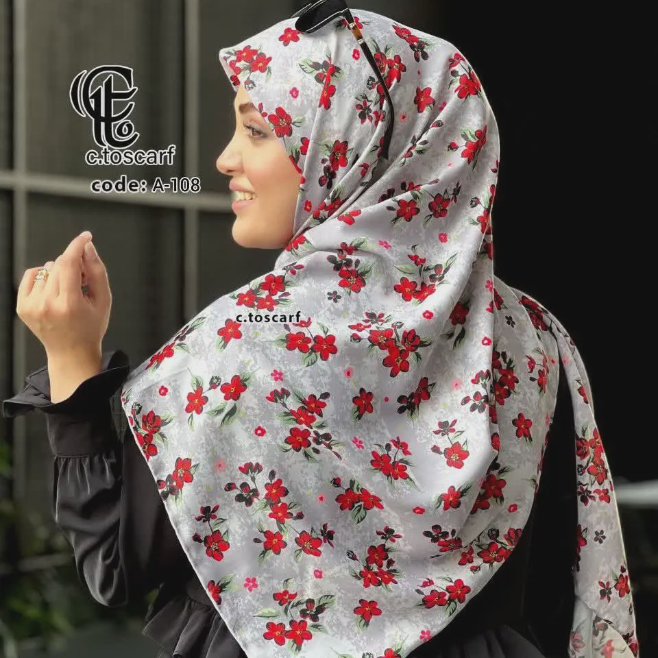 روسری نخ کاستوم طرح چیچک گل سرخ طوسی قواره بزرگ 140 سانتیمتر