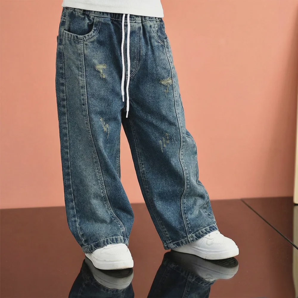 شلوار جین بگ دخترانه آبی مدل کمر کش سایز 2 تا 7 سال