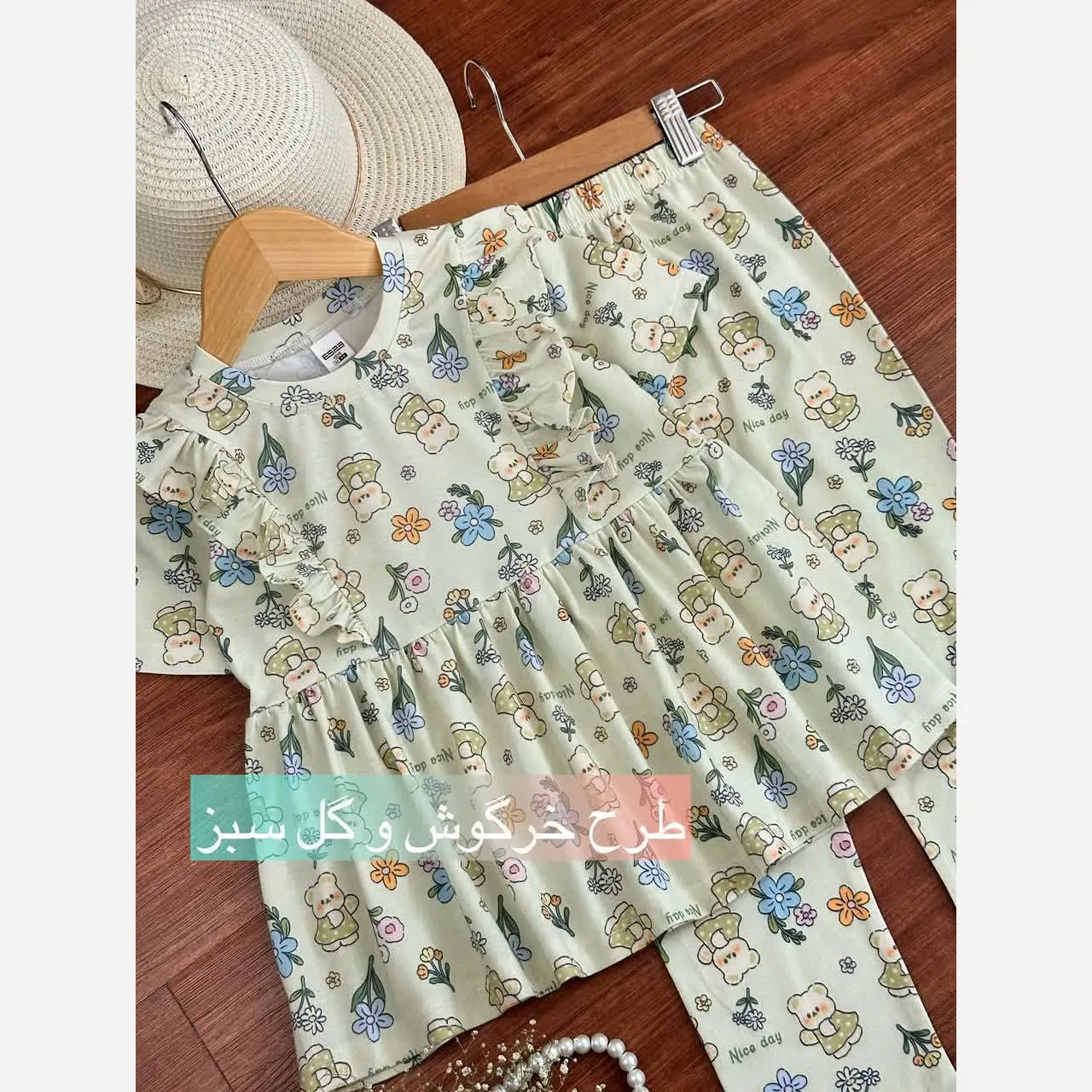 ست بلوز و شلوار راحتی دخترانه طرح خرگوش و گل رنگ سبز جنس پنبه لاکرا (2)