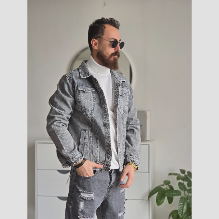 کت جین مردانه پارچه ترک رنگ طوسی تمام کش و قواره دار سایز M تا XXL