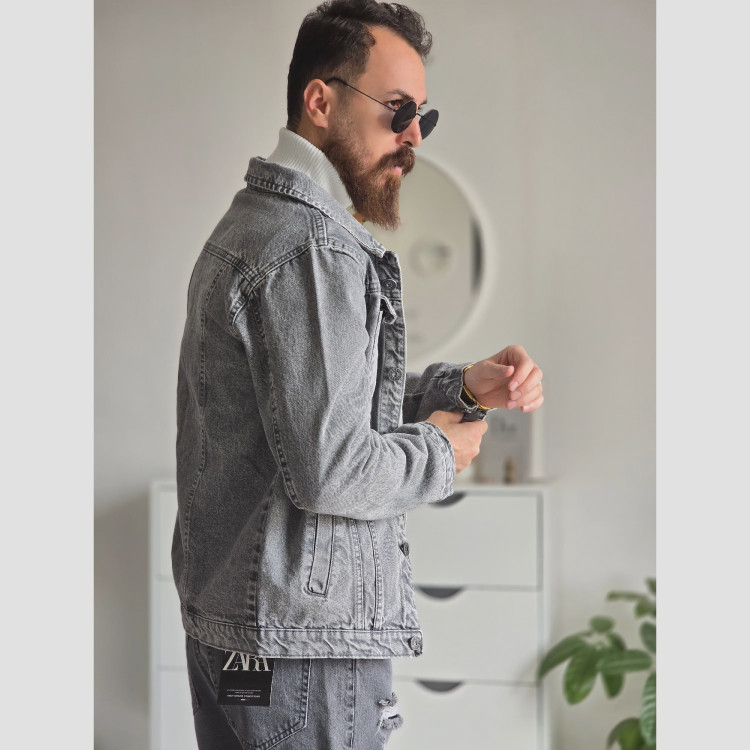 کت جین مردانه پارچه ترک رنگ طوسی تمام کش و قواره دار سایز M تا XXL
