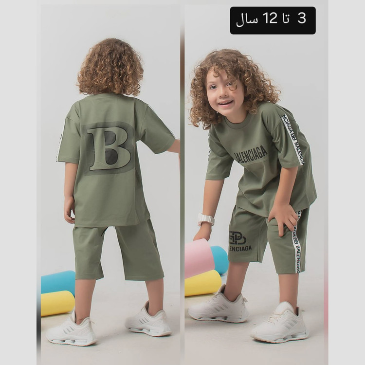 ست تیشرت و شلوارک پسرانه و دخترانه مدل بالنسیا مناسب 3 تا 12 سال در 4 رنگ متنوع