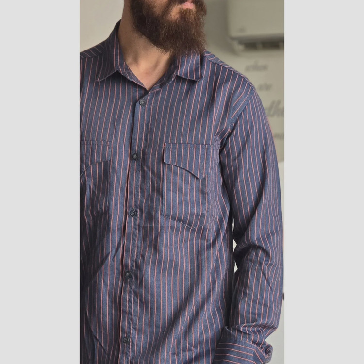 پیراهن جین آستین بلند دو جیب مردانه پارچه جین کاغذی کشی سایز M تا XXL