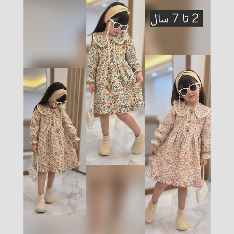 پیراهن دخترانه لینن وارداتی طرح گل مناسب 2 تا 8 سال