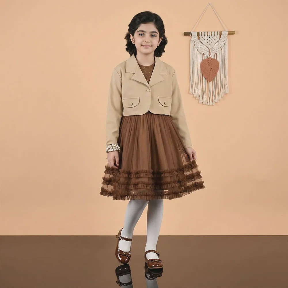 ست کت و سارافون دخترانه کرم رنگ مدل مجلسی