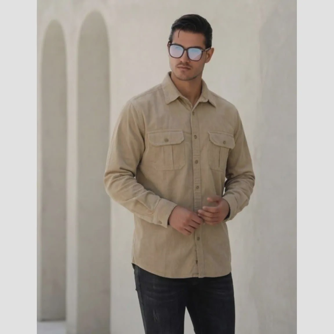 پیراهن کتان مردانه مدل یاشیل رنگ خاکی