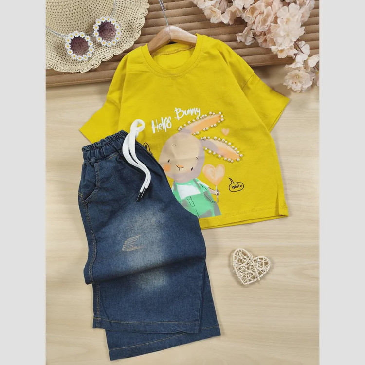 ست تیشرت و شلوارک جین دخترانه مروارید دوزی شده سایز 35 تا 50