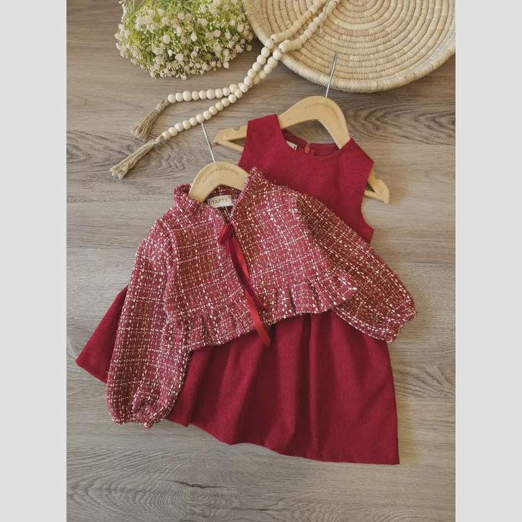 ست کت و سارافون یلدایی دخترانه مخمل کبریتی مناسب سن 2 تا 9 سال