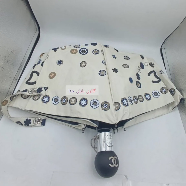 چتر اتوماتیک برند چنل CHANEL ضد باد با پارچه نانو و جعبه کادویی رنگ کرم نخودی