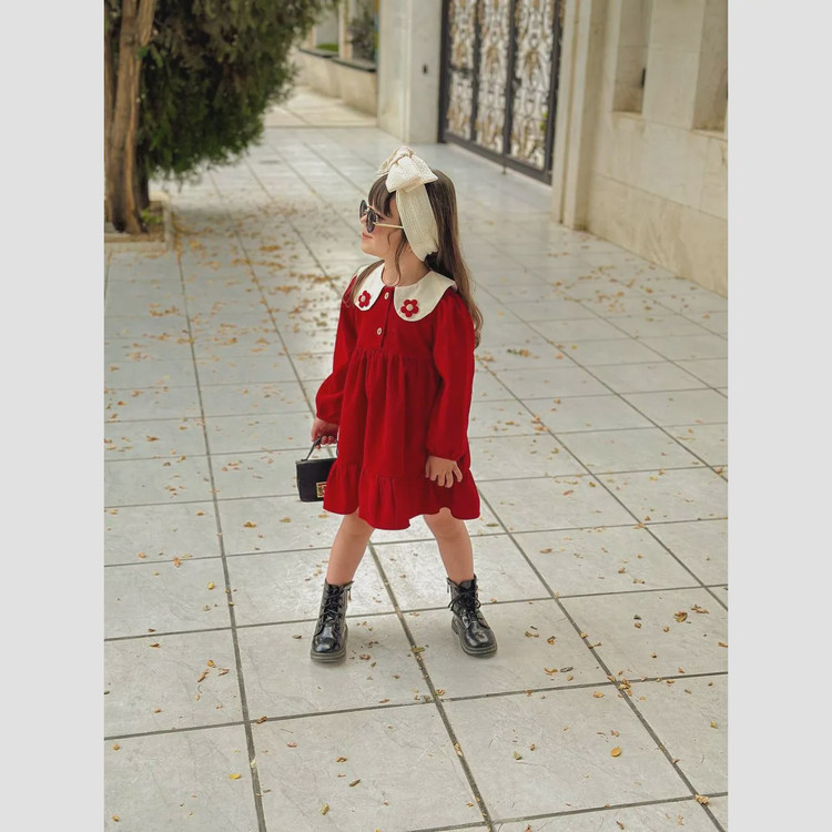 پیراهن دخترانه مخمل کبریتی یلدایی سایز 2 تا 6 سال