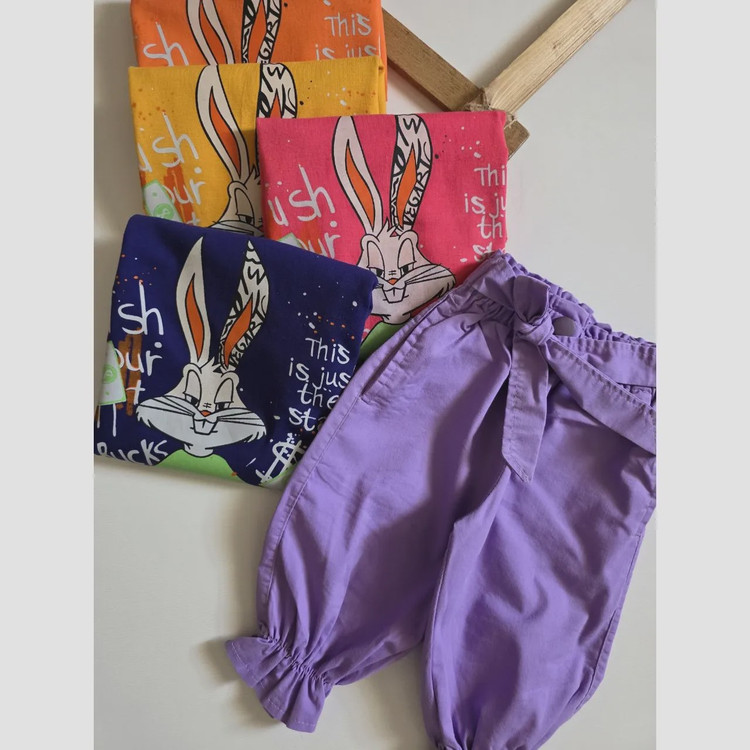 ست بلوز و شلوارک دخترانه طرح خرگوش مناسب 2 تا 9 سال جنس نخ پنبه و کتان