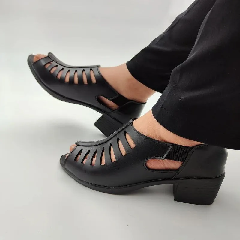 صندل طبی زنانه چرم پاشنه 5 سانت مدل حصیری (2)