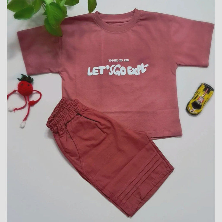 ست تیشرت و شلوارک اسپرت پسرانه و دخترانه مدل let s go جنس پنبه یک رو