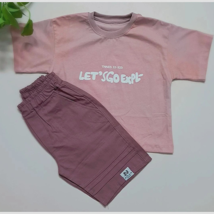 ست تیشرت و شلوارک اسپرت پسرانه و دخترانه مدل let s go جنس پنبه یک رو