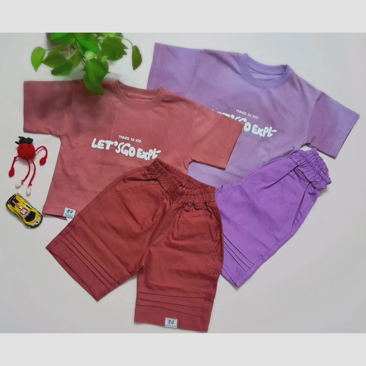 ست تیشرت و شلوارک اسپرت پسرانه و دخترانه مدل let s go جنس پنبه یک رو