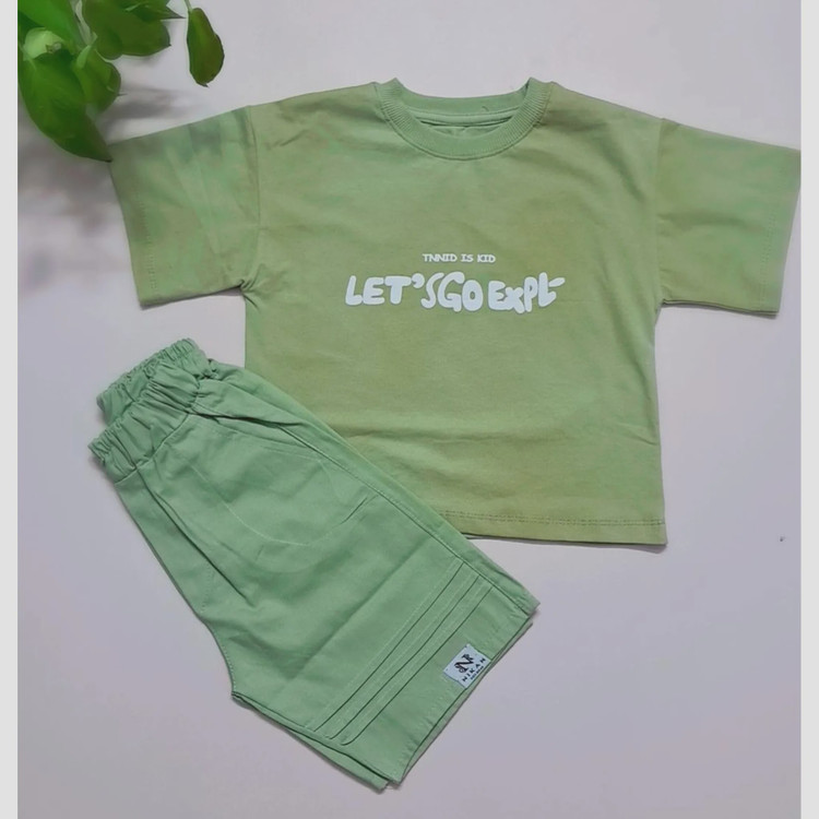 ست تیشرت و شلوارک اسپرت پسرانه و دخترانه مدل let s go جنس پنبه یک رو