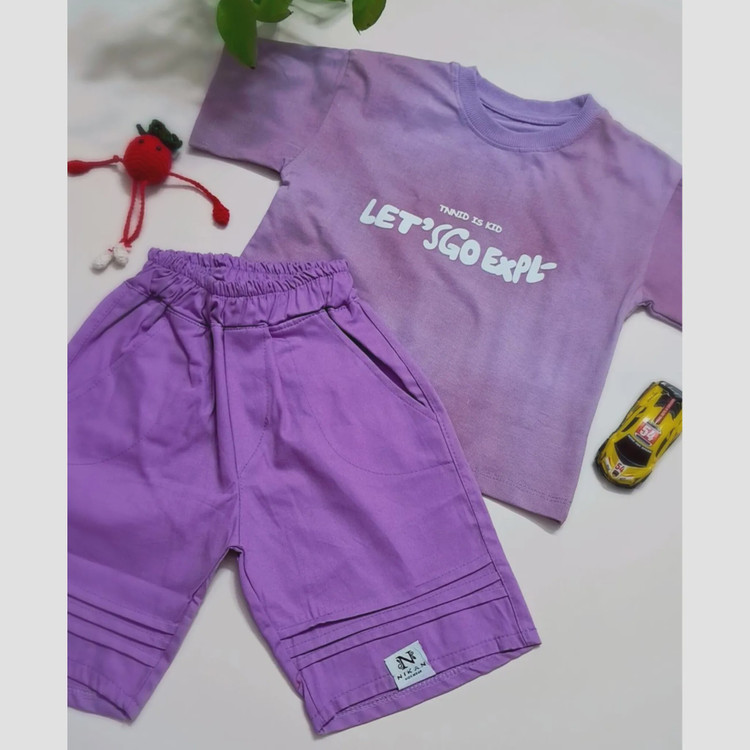 ست تیشرت و شلوارک اسپرت پسرانه و دخترانه مدل let s go جنس پنبه یک رو