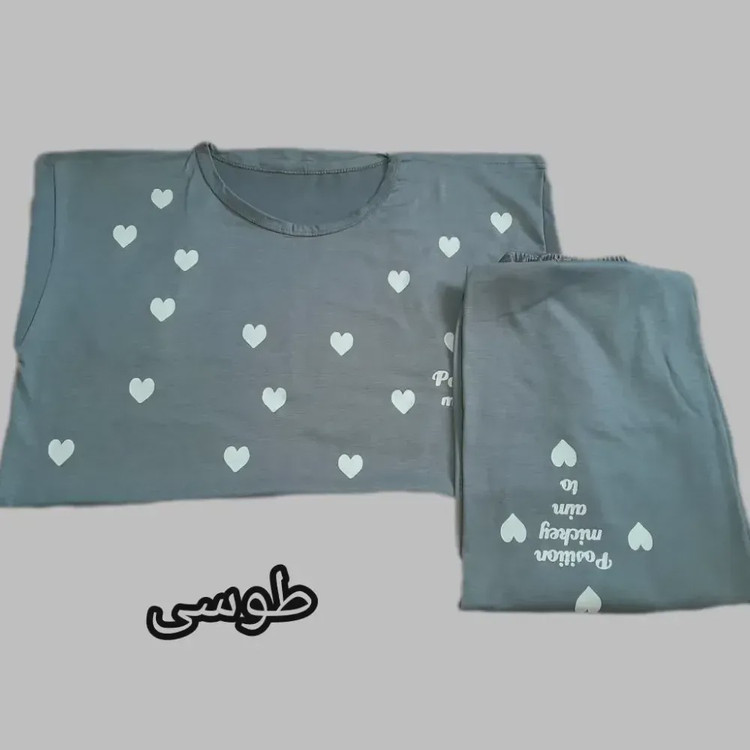 ست تیشرت و شلوار زنانه راحتی طرح قلب جنس نخ ویسکوز فول کش سایز 38 تا 48