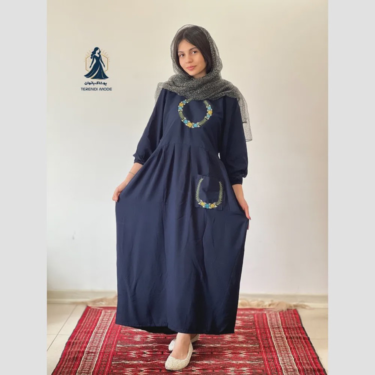 ساحلی گلدوزی تک جیب زنانه جنس نخ ململ رنگ زیتون خنک تابستانه