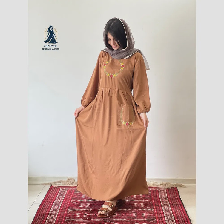 ساحلی گلدوزی تک جیب زنانه جنس نخ ململ رنگ زیتون خنک تابستانه