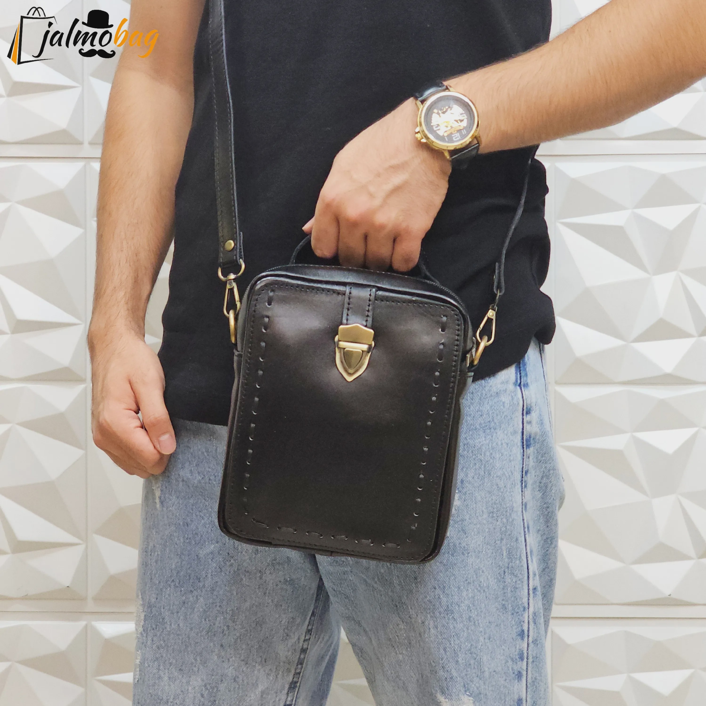 کیف دوشی چرم اصل گاوی بافت دار مردانه
