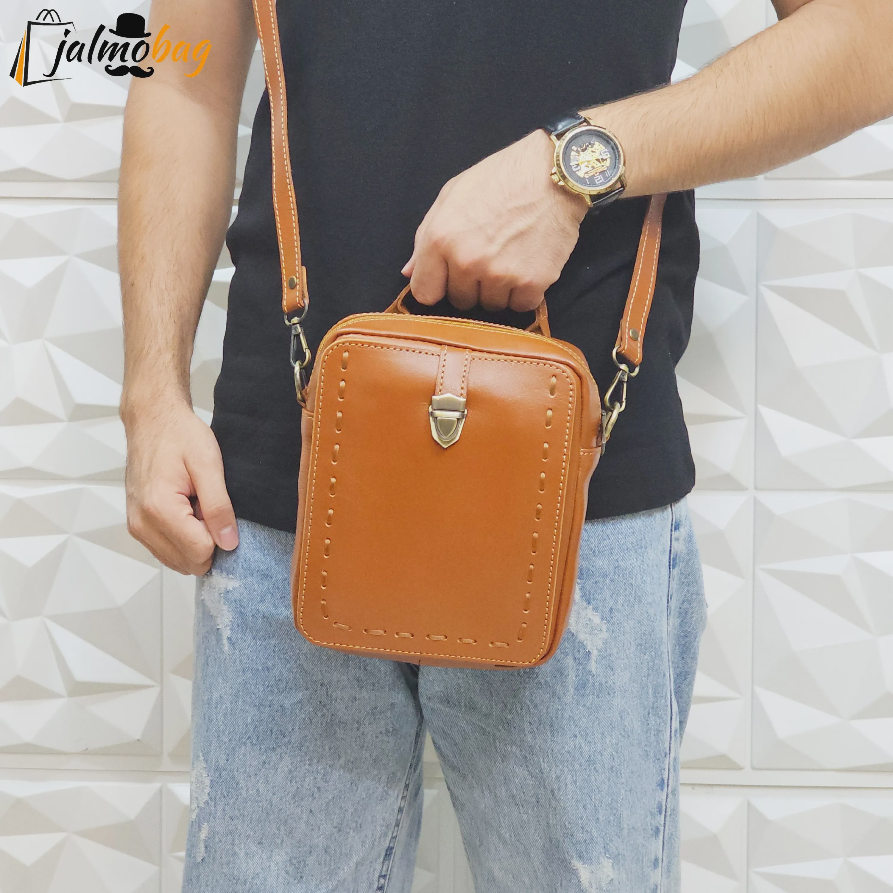 کیف دوشی چرم اصل گاوی بافت دار مردانه