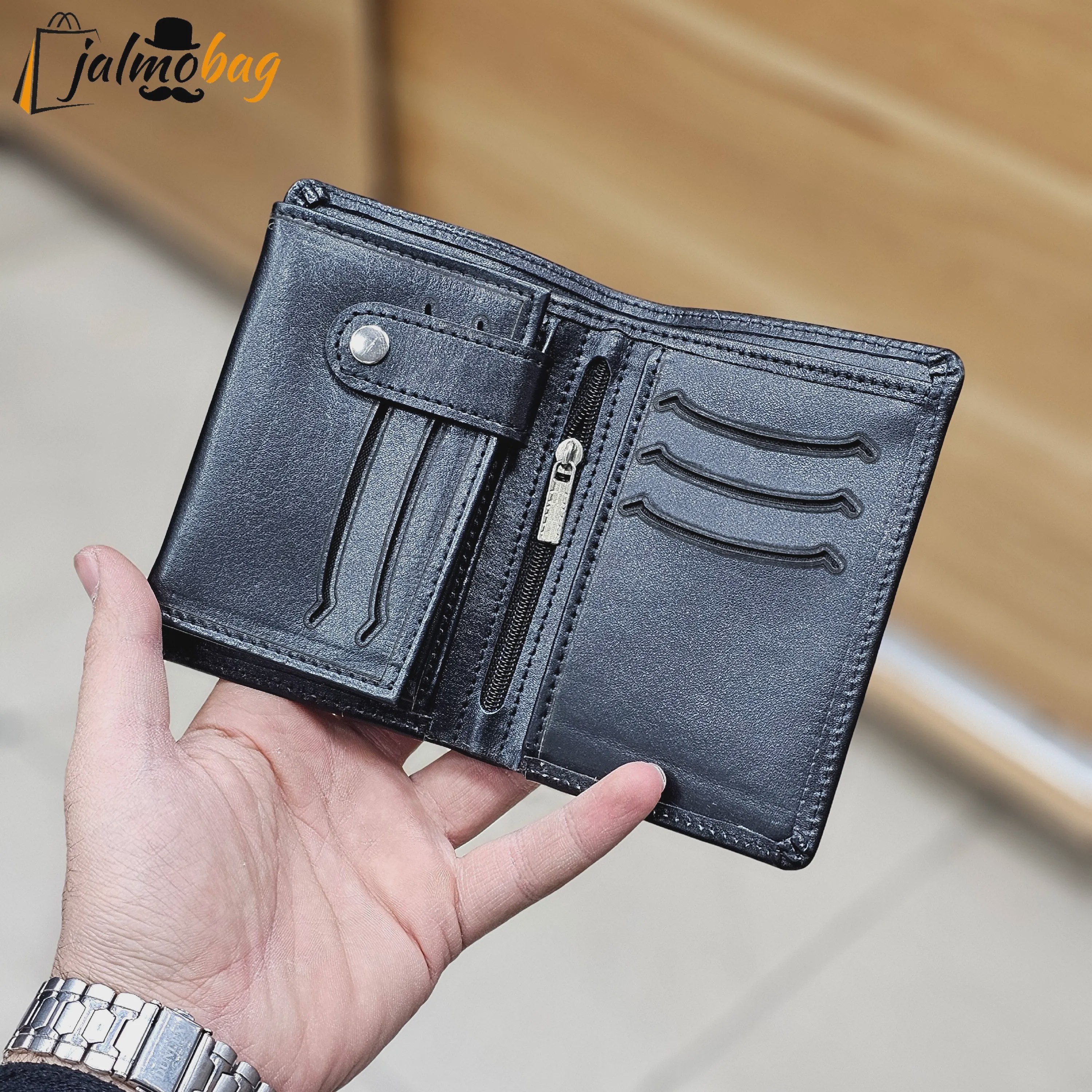کیف پول جیبی چرم طبیعی گاوی دوخت تمیز با جای اسکناس و جاکارتی