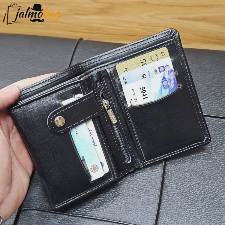 کیف پول جیبی چرم طبیعی گاوی دوخت تمیز با جای اسکناس و جاکارتی