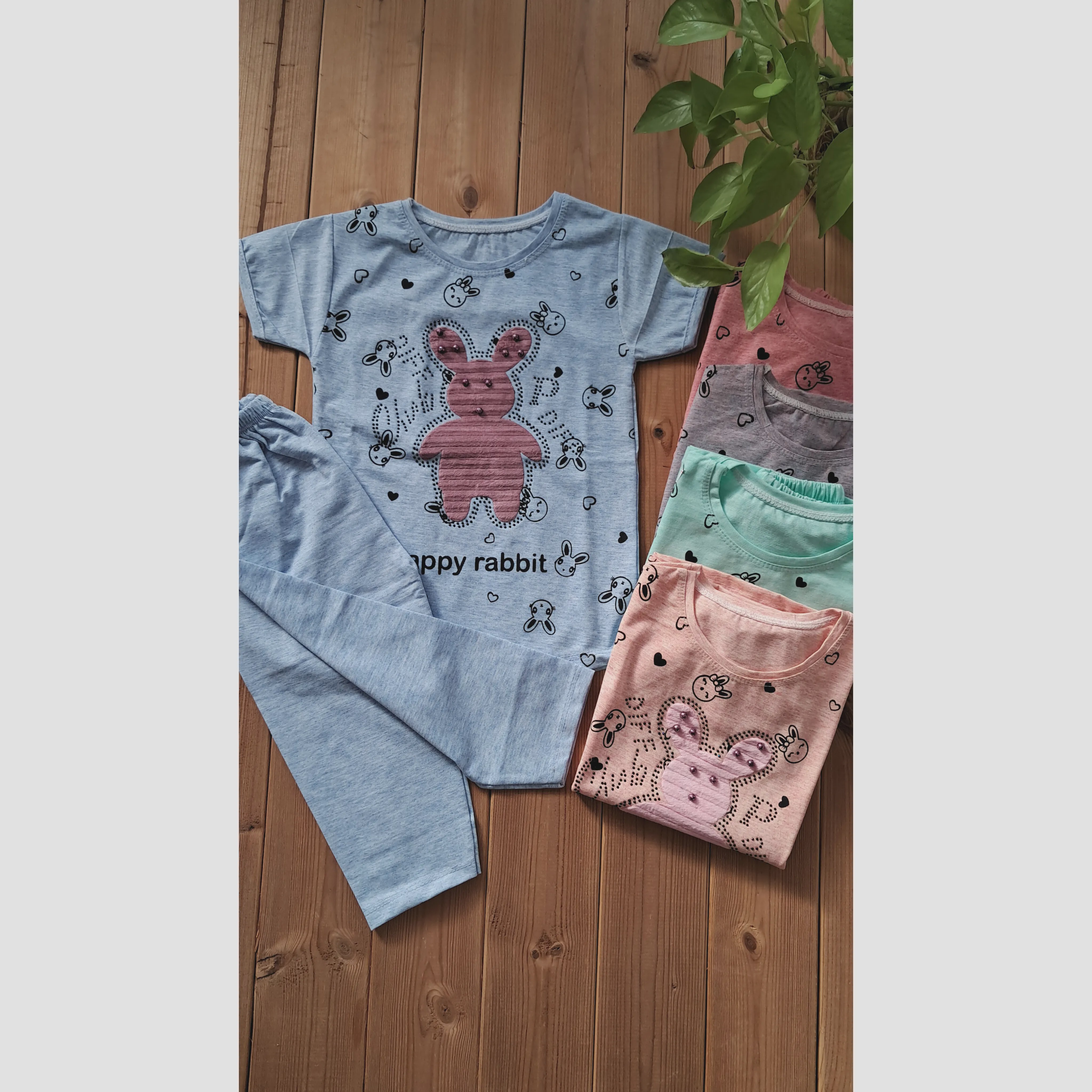 ست تیشرت و شلوارک دخترانه طرح خرگوش جنس ملانژ