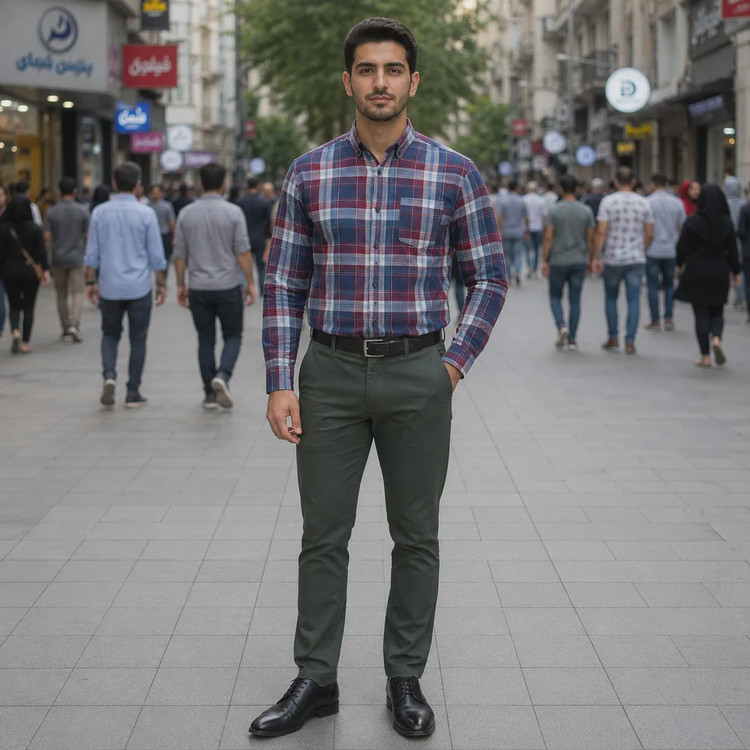 پیراهن آستین بلند مردانه نخی چهارخانه قواره آزاد