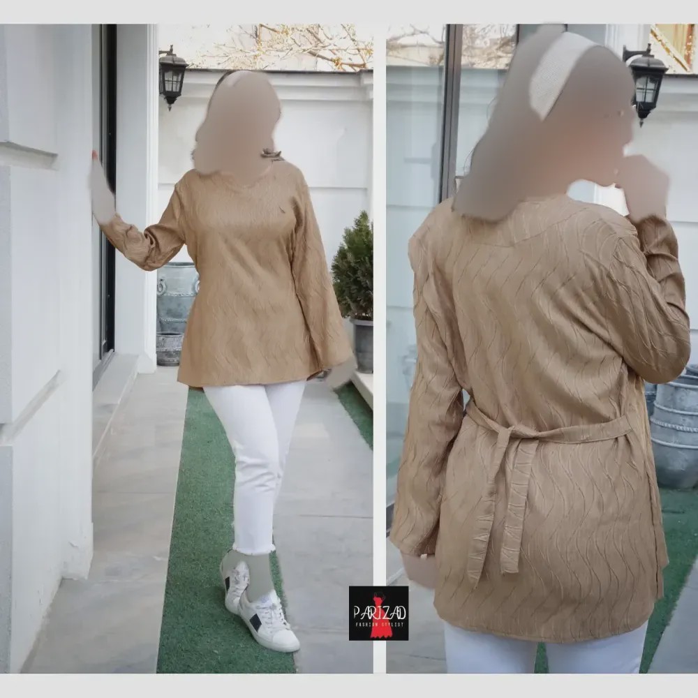 تونیک بهاره نخی طرح موجی کمربندی زنانه سایز 40 تا 46