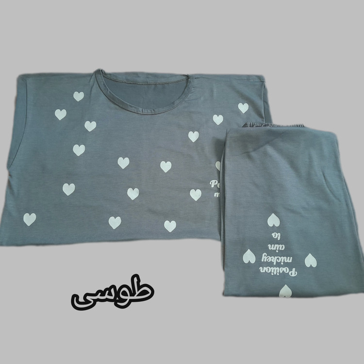 ست تیشرت و شلوار دخترانه طرح قلبی جنس نخ ویسکوز سایز 38 تا 48