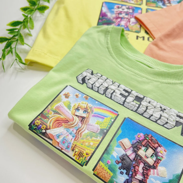 تیشرت بچگانه طرح ماینکرفت با چاپ پفکی و رنگ پاستلی