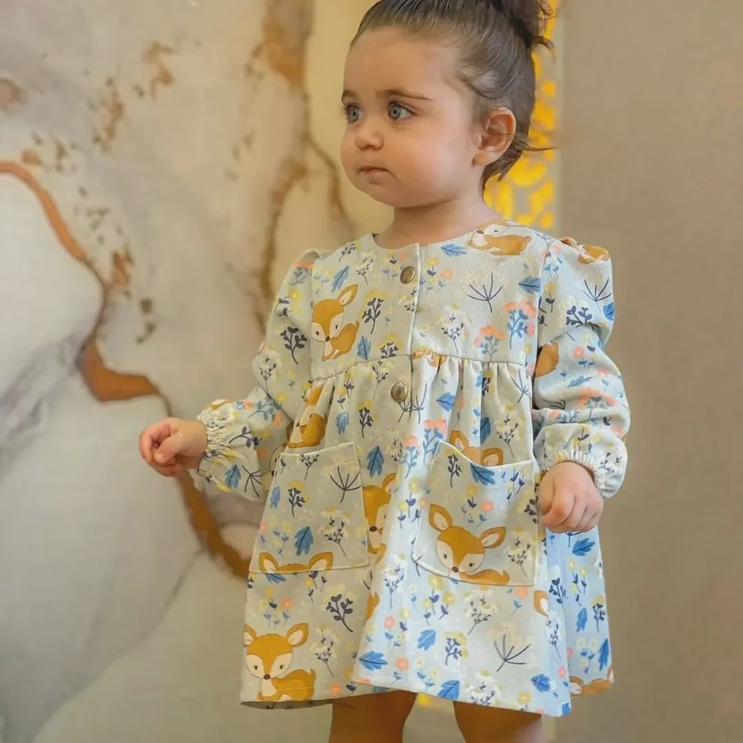 سارافون دخترانه کبریتی طرح آهو بهاره سایز 3 (4 تا 6 سال)