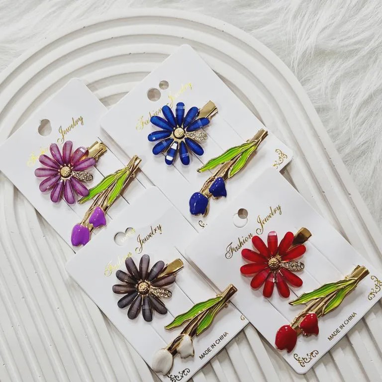 گیره مو وارداتی طرح بابونه و لاله بسته 2 عددی