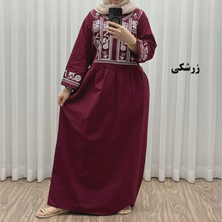 پیراهن زنانه لینن طرح مایا فری سایز مناسب تا 48 با کمربند