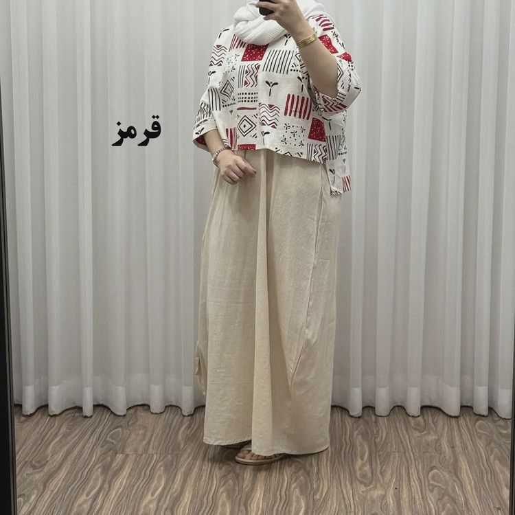 ست کراپ و سارافون لینن زنانه فری سایز مناسب تا 48