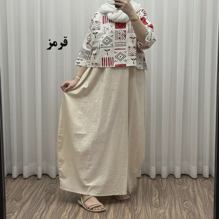 ست کراپ و سارافون لینن زنانه فری سایز مناسب تا 48