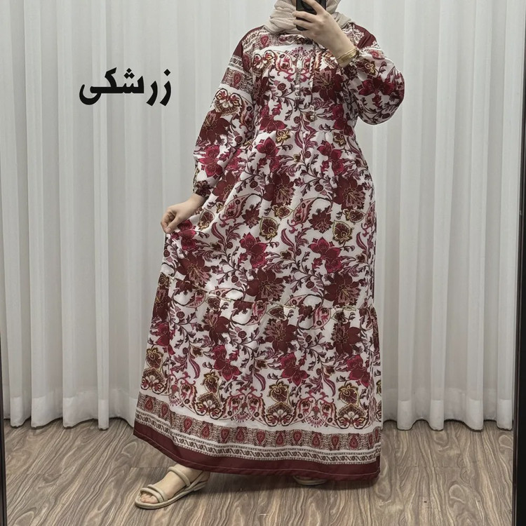 پیراهن فلور بوگاتی حاشیه دار نخی فری سایز تا 50 بنددار چهارفصل زنانه شیک