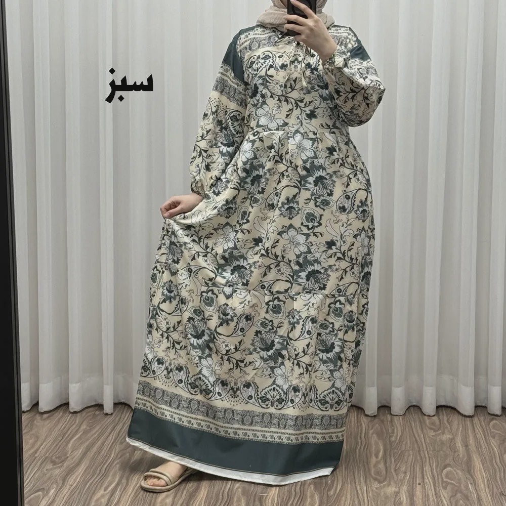 پیراهن فلور بوگاتی حاشیه دار نخی فری سایز تا 50 بنددار چهارفصل زنانه شیک
